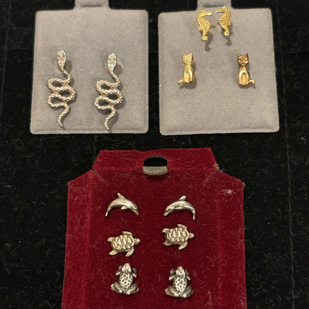 SOLD Vintage animal earrings lot, 6 pair, gold tone and silver tone